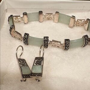 Vintage Sterling Silver 925A Marcasite Light Green Jade Bracelet & Earrings